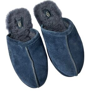 UGG Navy Suede Shearling Slippers Cozy Slip On Shoes size 8